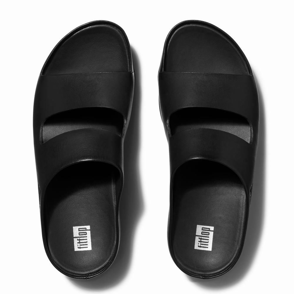 Sandały Fitflop SHUV Two-Bar Leather Slides Damskie Czarne | Polska-21307