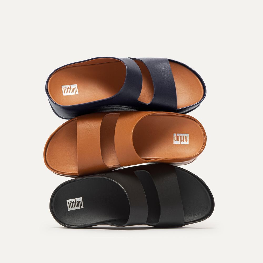 Sandały Fitflop SHUV Two-Bar Leather Slides Damskie Czarne | Polska-21307