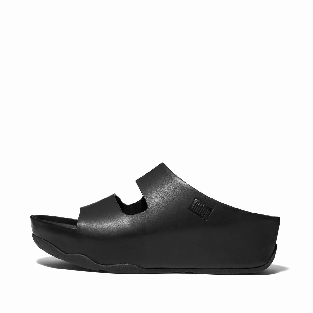 Sandały Fitflop SHUV Two-Bar Leather Slides Damskie Czarne | Polska-21307