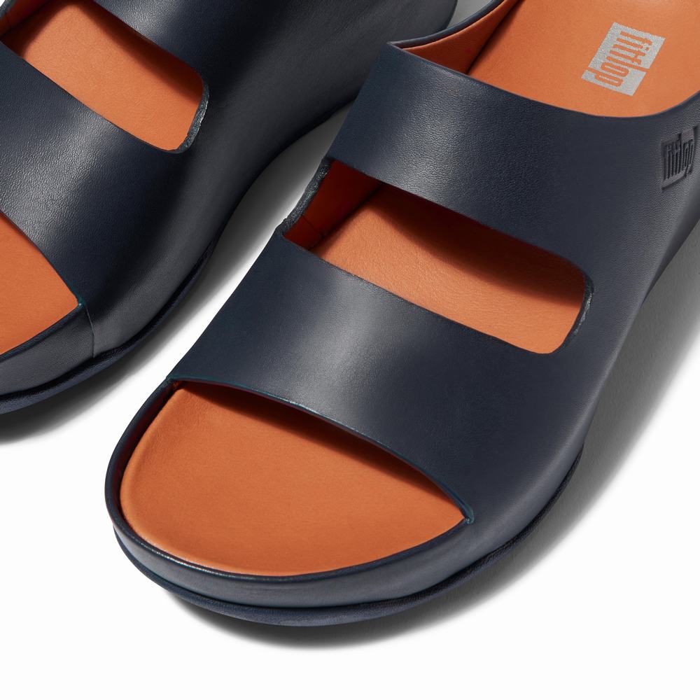 Sandały Fitflop SHUV Two-Bar Leather Slides Damskie Granatowe | Polska-71029