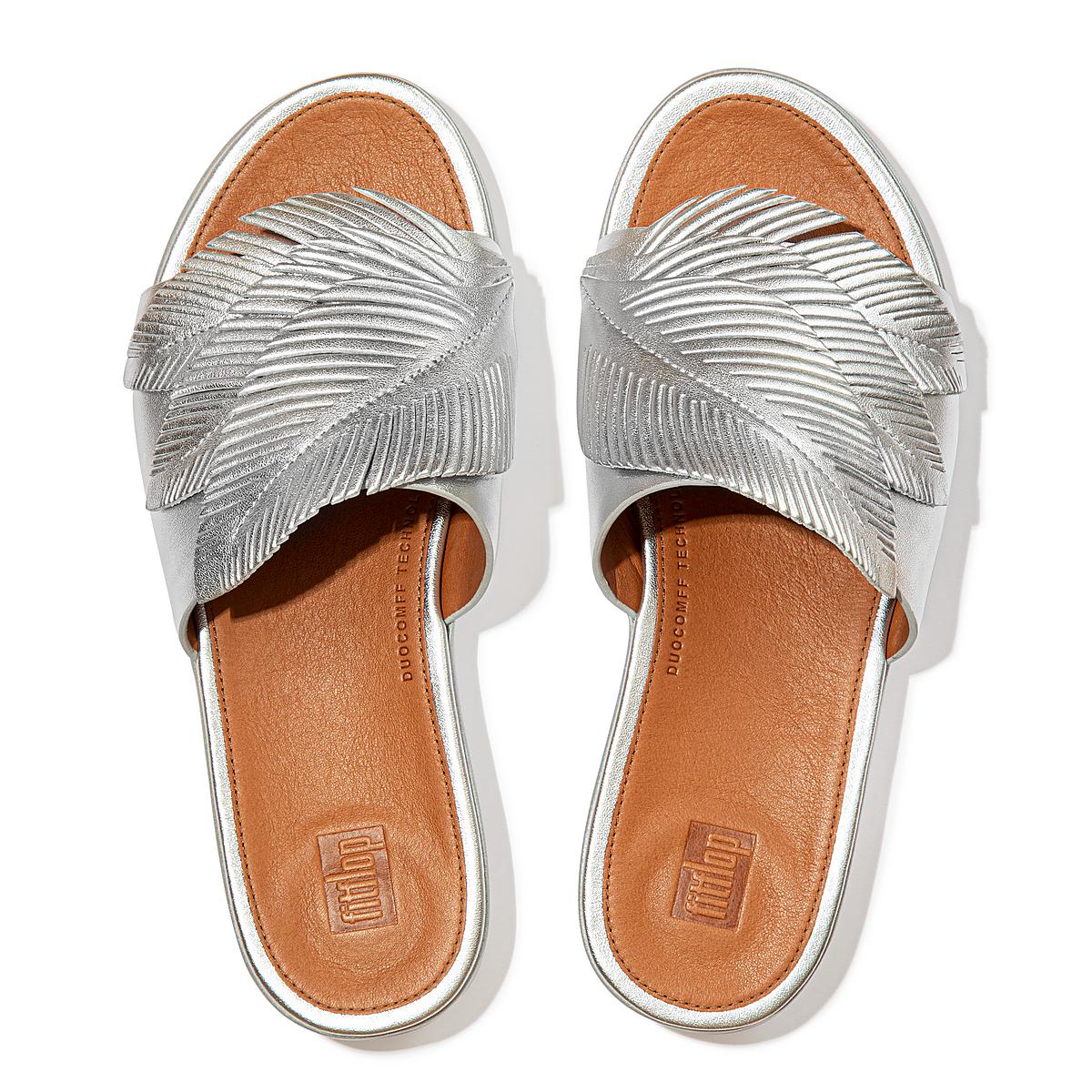 Sandały Fitflop SOLA Feather Metallic Leather Slides Damskie Srebrne | Polska-26573