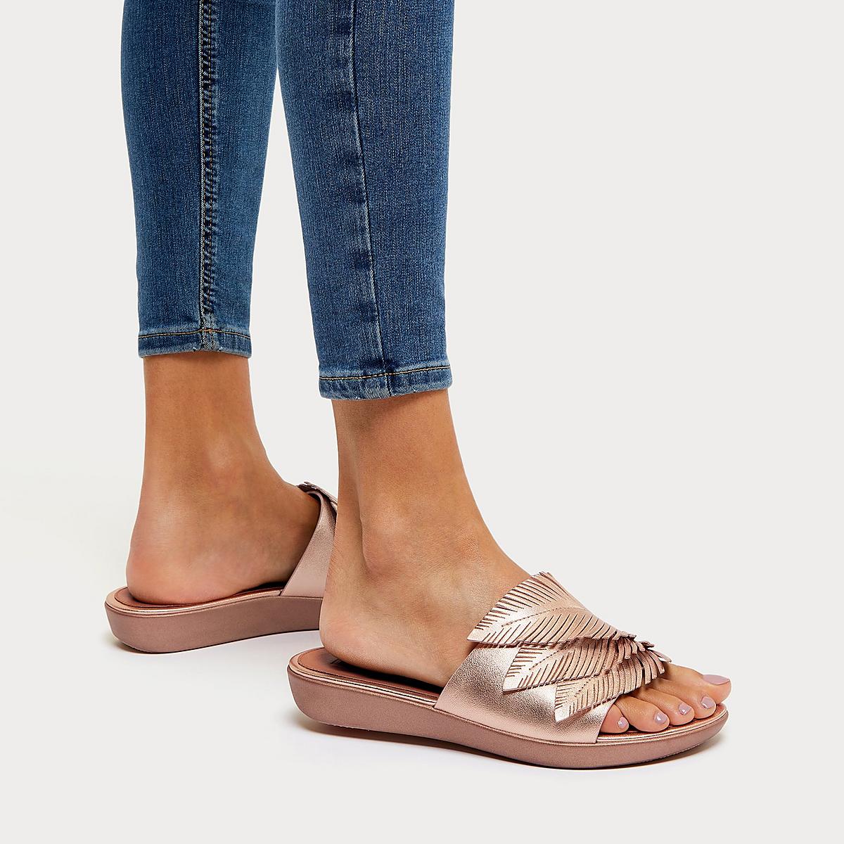 Sandały Fitflop SOLA Feather Metallic Leather Slides Damskie Różowe Złote | Polska-76031