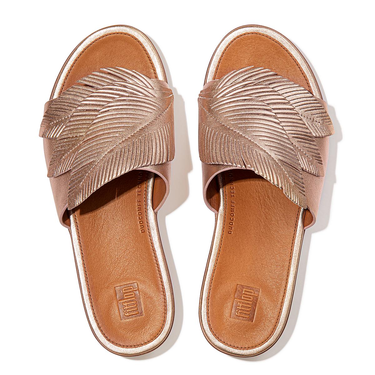 Sandały Fitflop SOLA Feather Metallic Leather Slides Damskie Różowe Złote | Polska-76031