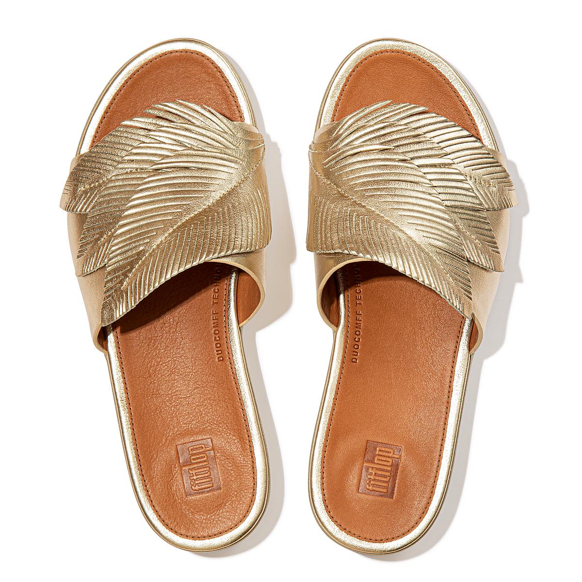 Sandały Fitflop SOLA Feather Metallic Leather Slides Damskie Brązowe Złote | Polska-76192