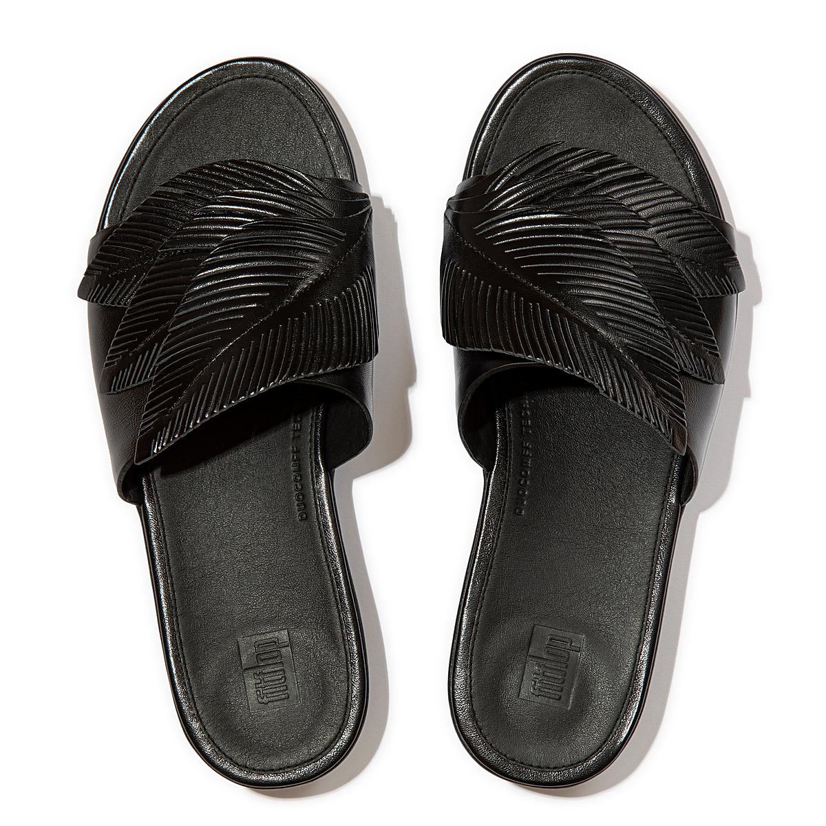 Sandały Fitflop SOLA Feather Metallic Leather Slides Damskie Czarne | Polska-79015