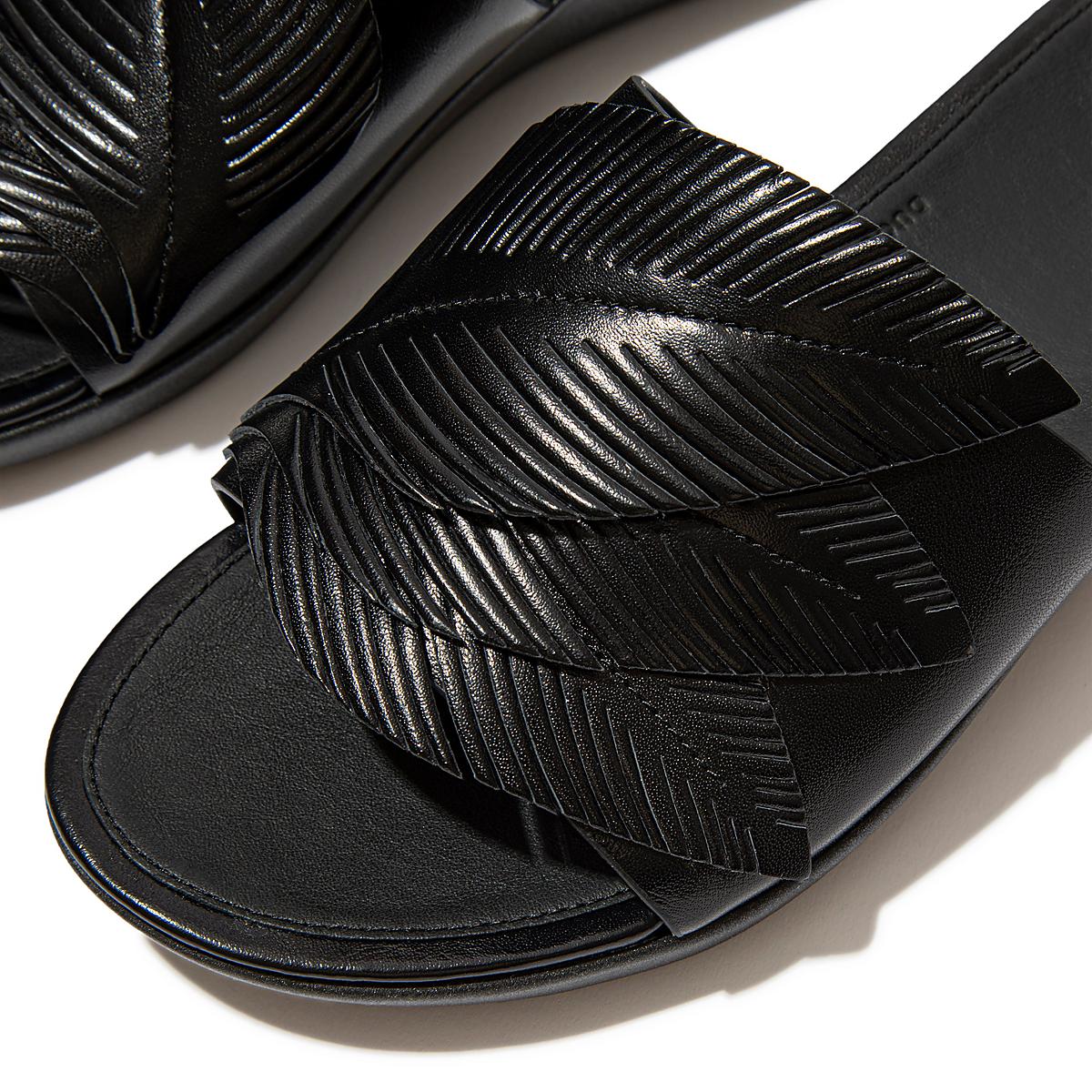 Sandały Fitflop SOLA Feather Metallic Leather Slides Damskie Czarne | Polska-79015