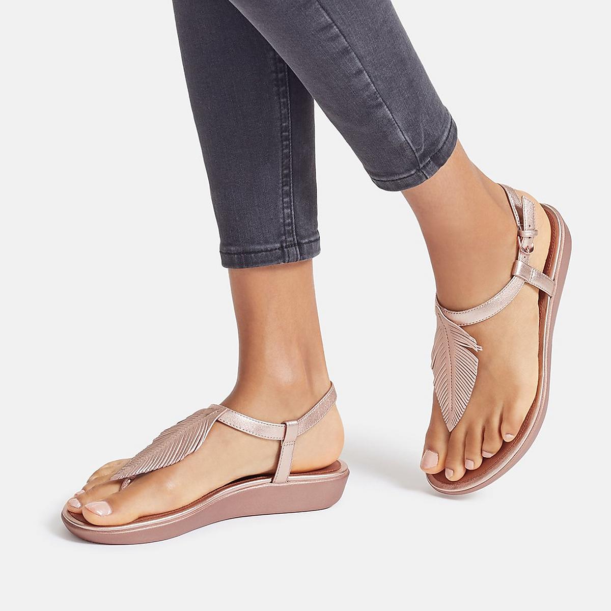 Sandały Fitflop TIA Feather Metallic Leather Back-Strap Damskie Różowe Złote | Polska-52091