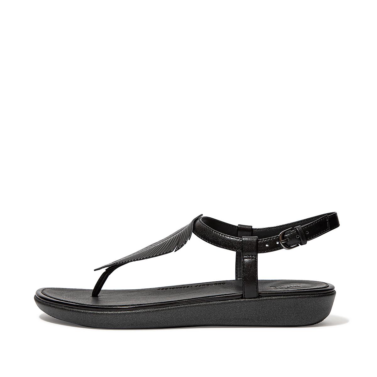 Sandały Fitflop TIA Feather Metallic Leather Back-Strap Damskie Czarne | Polska-68290