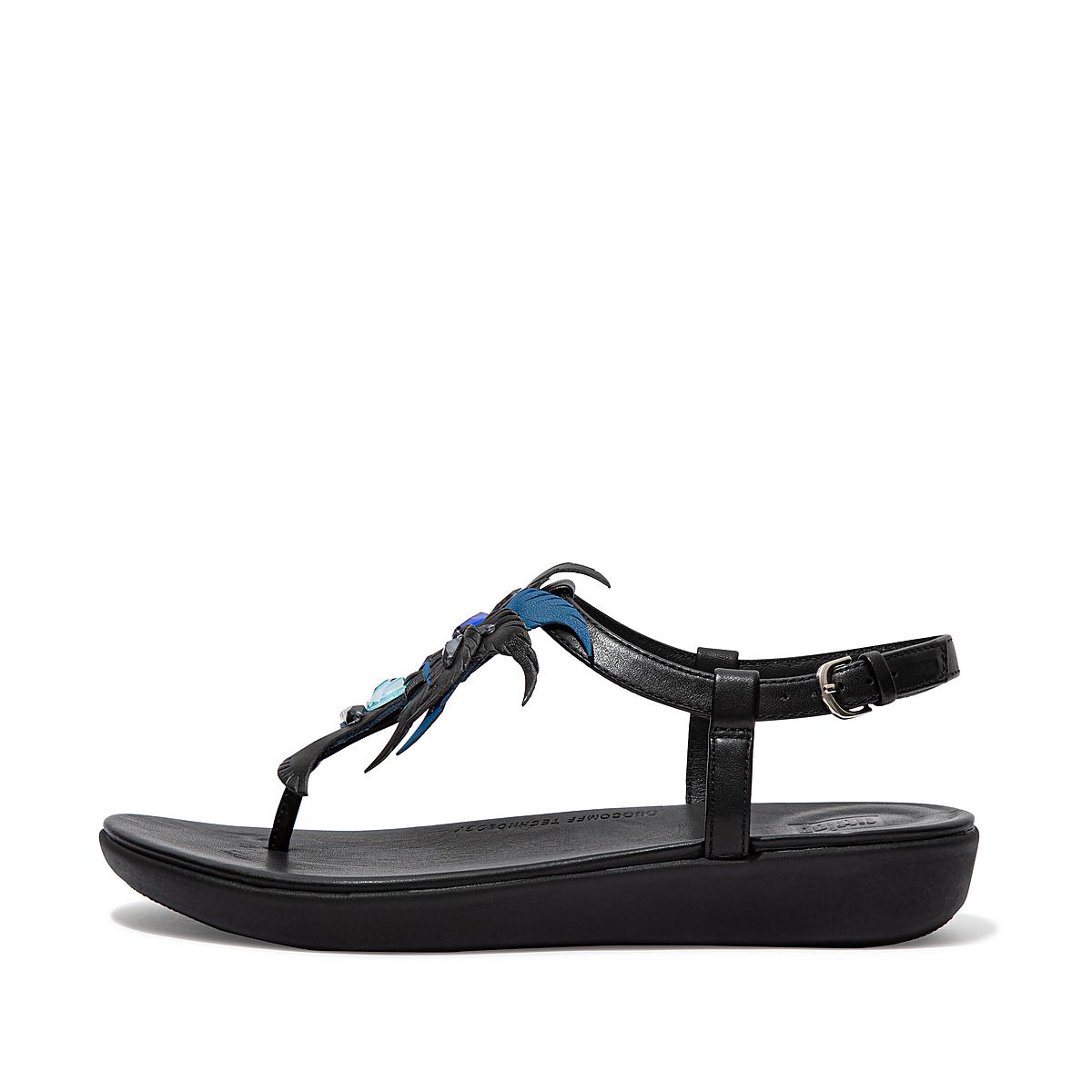 Sandały Fitflop TIA Jewel Feather Leather Back-Strap Damskie Czarne | Polska-79502