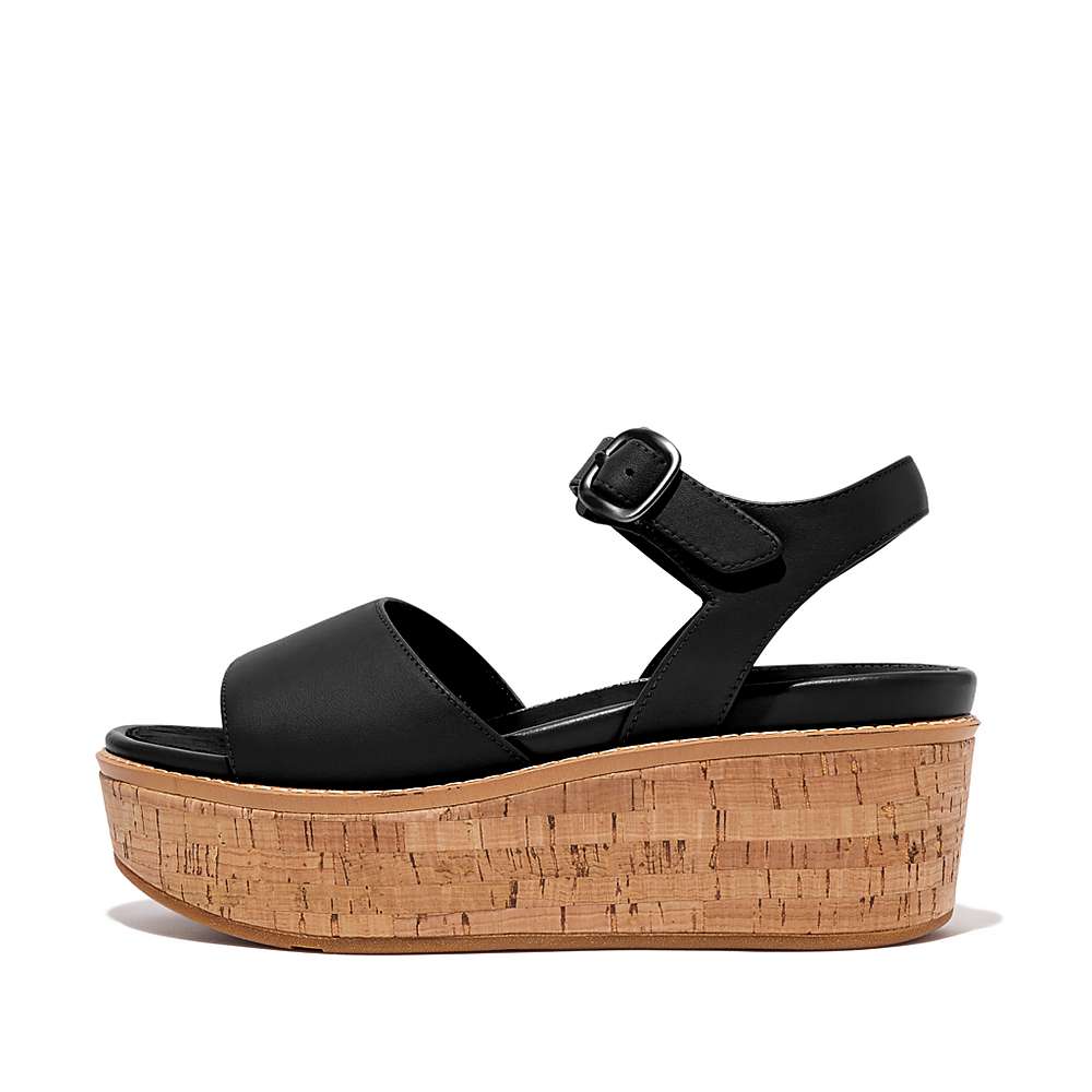 Sandały na Koturnie Fitflop ELOISE Cork-Wrap Leather Damskie Czarne | Polska-38561