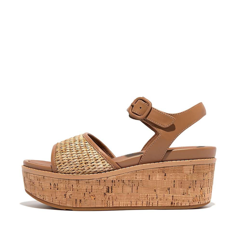 Sandały na Koturnie Fitflop ELOISE Cork-Wrap Woven Back-Strap Damskie Brązowe Białe | Polska-91723