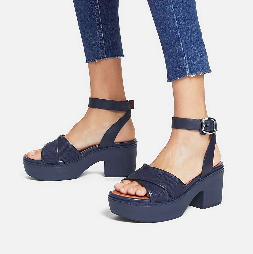 Sandały na Platformie Fitflop PILAR Canvas Ankle-Strap Damskie Granatowe | Polska-27934