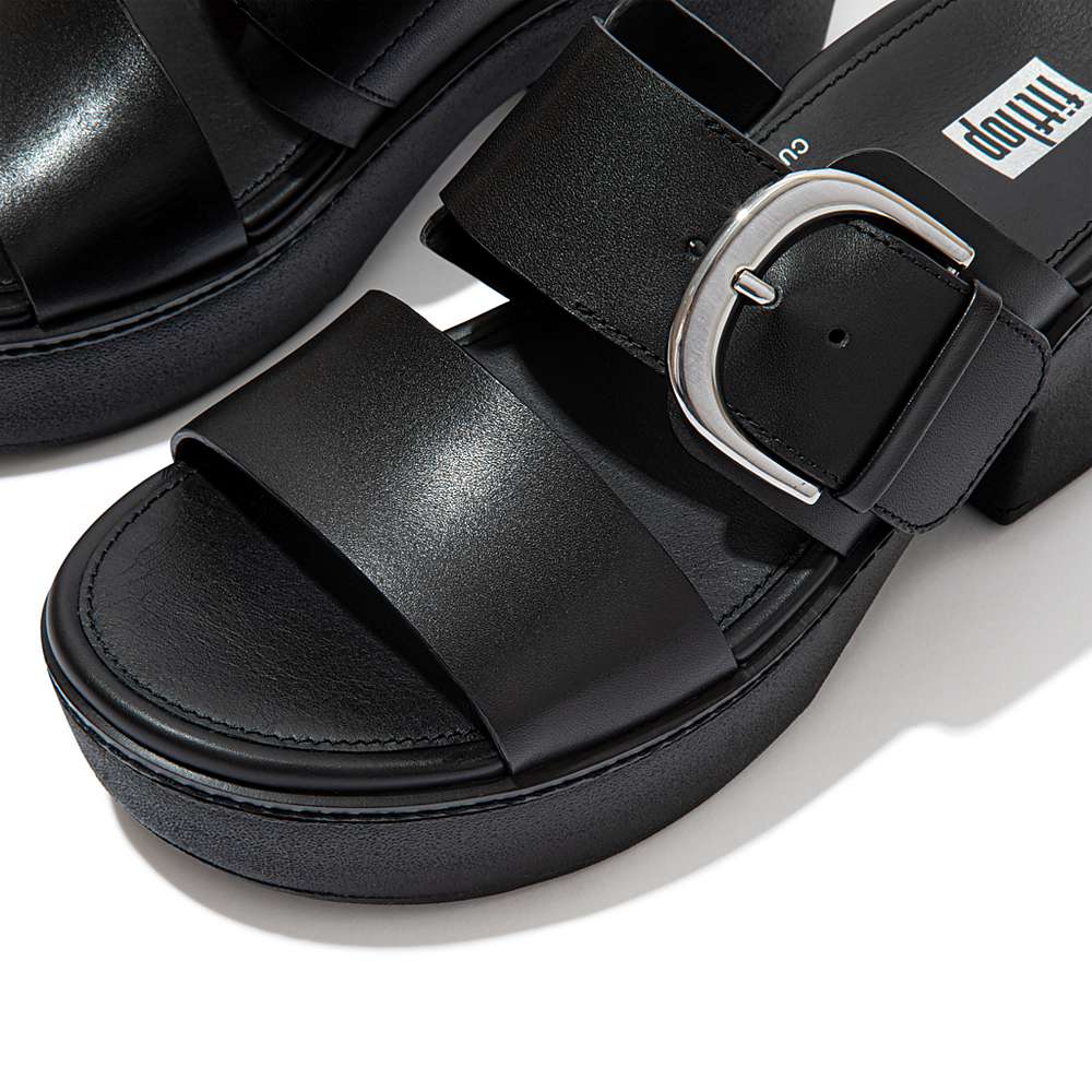 Sandały na Platformie Fitflop PILAR Leather Slide Damskie Czarne | Polska-02863