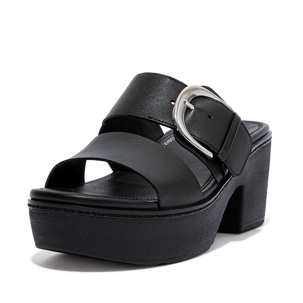 Sandały na Platformie Fitflop PILAR Leather Slide Damskie Czarne | Polska-02863