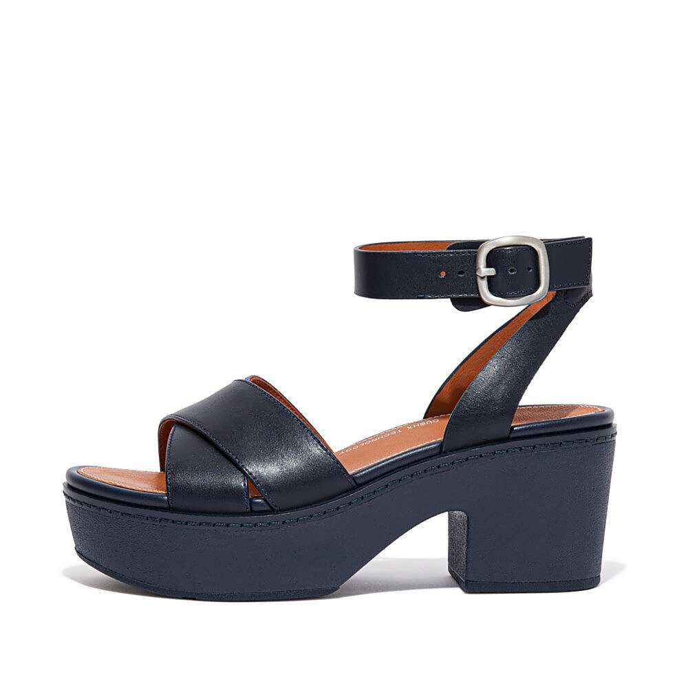 Sandały na Platformie Fitflop PILAR Leather Ankle-Strap Damskie Granatowe | Polska-86019