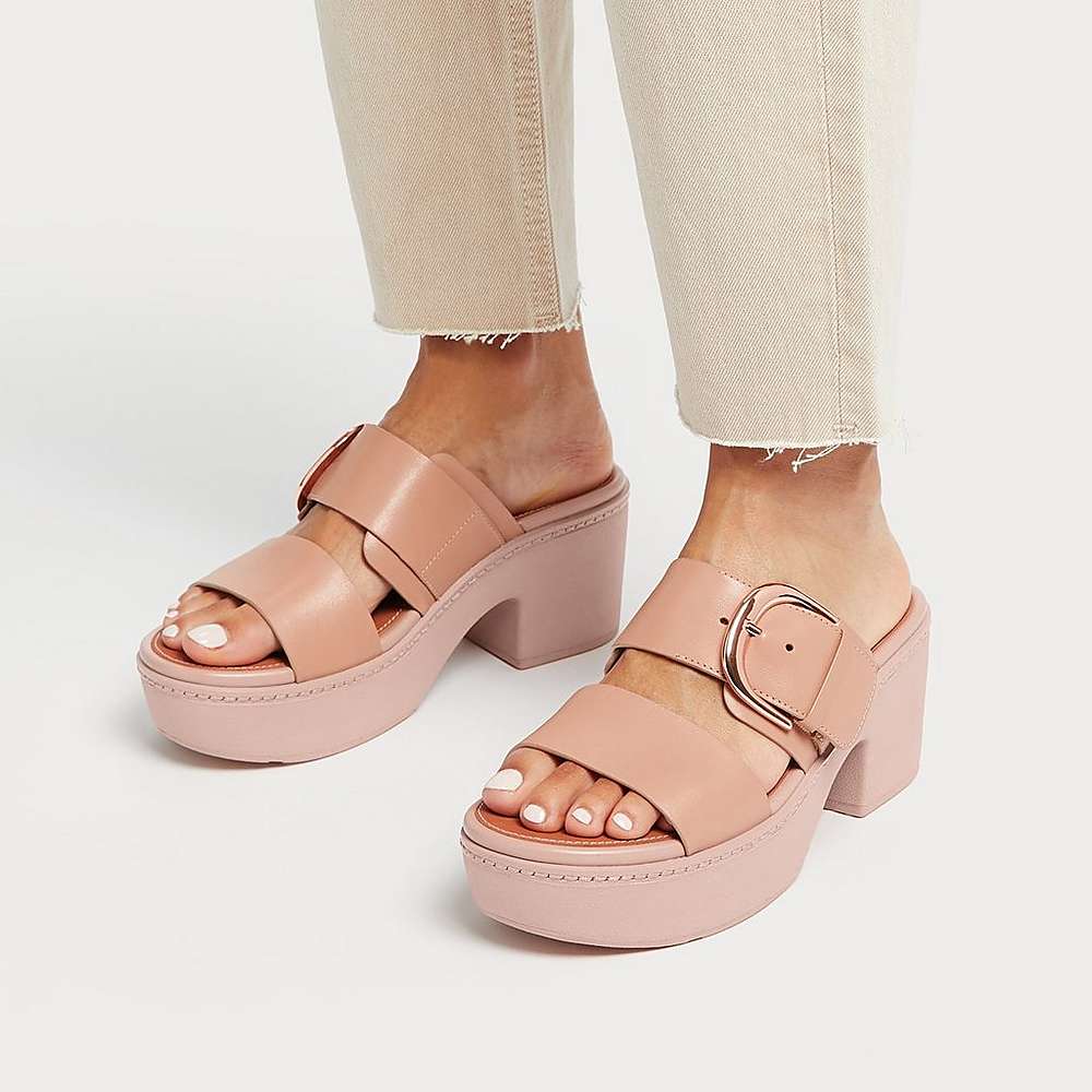 Sandały na Platformie Fitflop PILAR Leather Slide Damskie Beżowe | Polska-91076