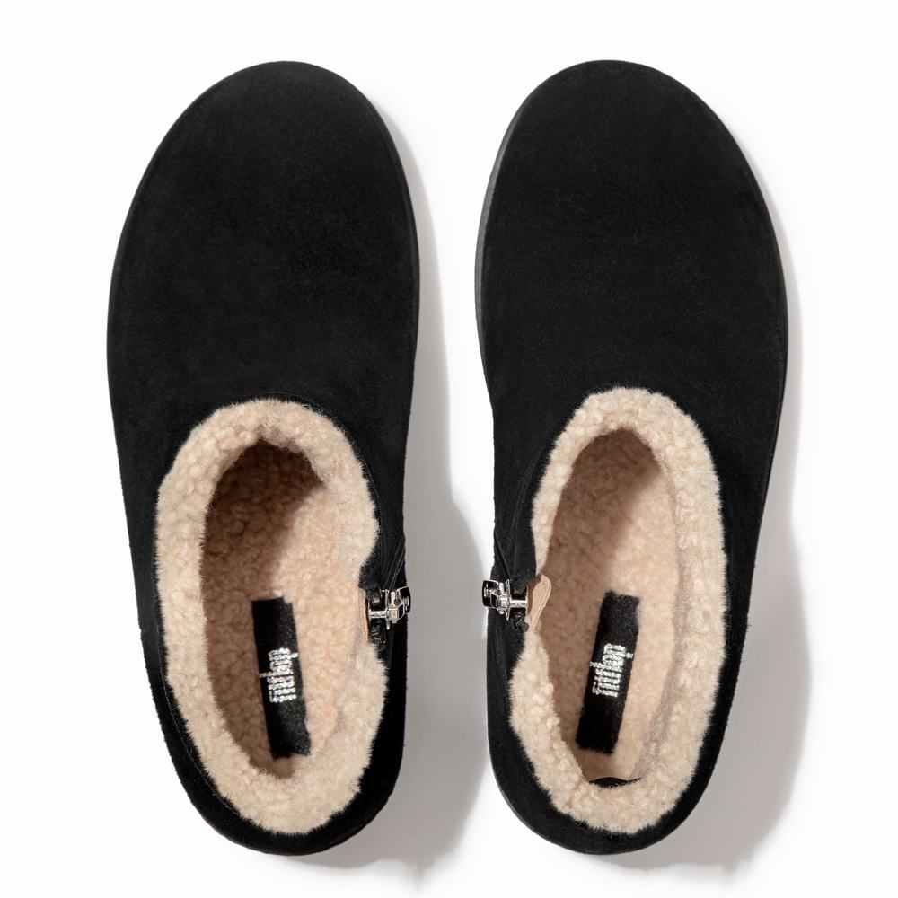 Trzewiki Fitflop PILAR Shearling-Lined Suede Damskie Czarne | Polska-86015